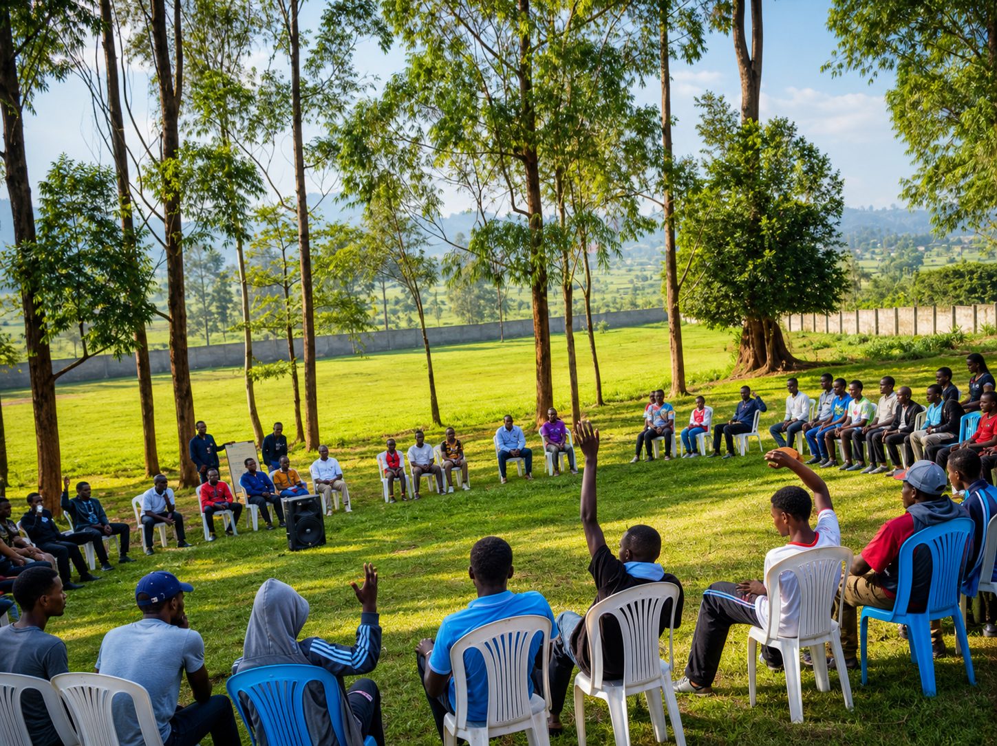 Boys participating in an outdoor mentorship session under trees