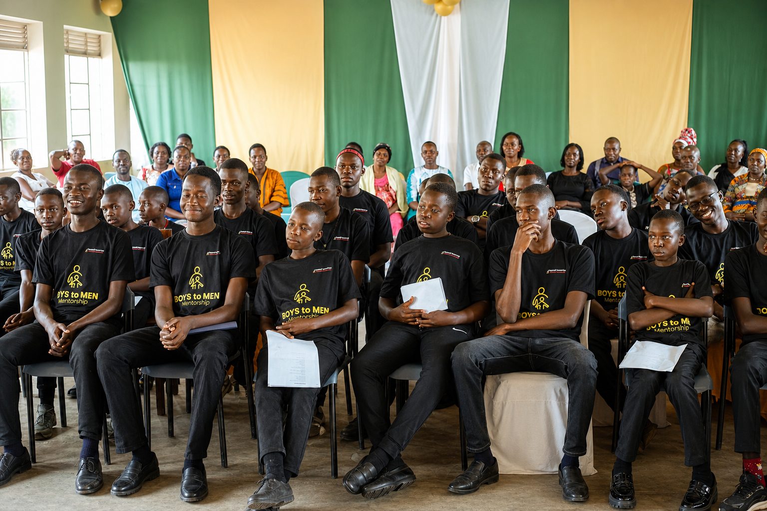 Group of Boys to Men participants in branded camp t-shirts